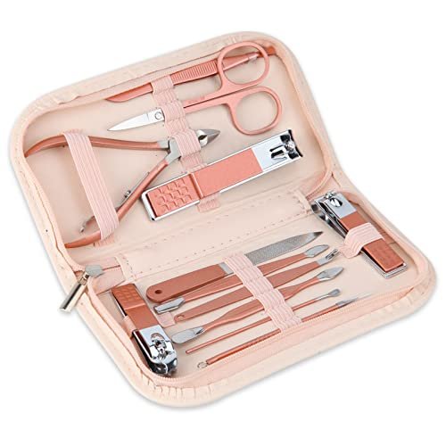 41DZRnfNOL.jpg Nail Clippers and Beauty Tool Portable Set, Rose Gold Martensitic Stainless Steel Manicure Set 12 in 1, with Pink Leather Bag, Suitable for Home, Workplace, Outdoor Travel, Gift Giving, Beauty Salon. - Image 1