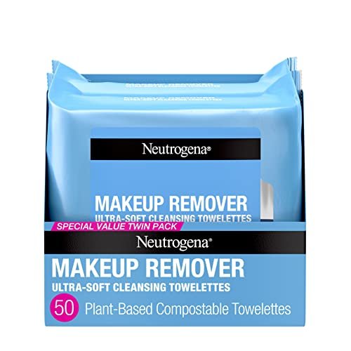 41VzZfHAKpL.jpg Neutrogena Makeup Remover Cleansing Face Wipes, Daily Cleansing Facial Towelettes Remove Makeup & Waterproof Mascara, Alcohol-Free, 100% Plant-Based Fibers, Value Twin Pack, 25 count, 2 pk - Image 1