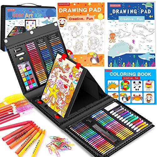 618lmRaZ3gL.jpg Soucolor Art Supplies, Drawing Set Art Kits with Trifold Easel, 2 Drawing Pad, 1 Coloring Book, Crayons, Pastels, Watercolors, Pencils, Arts and Crafts Gifts Case for Kids Girls Boys Teens Beginners - Image 1