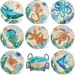 UPINS 8Pcs Diamond Painting Coasters for Drinks DIY Coaster Diamond Art Kits for Adults Kids Beginners Diamond Art Craft Supplies (Ocean)