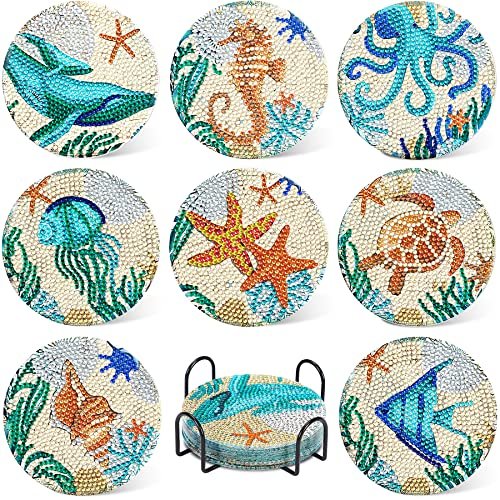 61LSpfWrJ1L.jpg UPINS 8Pcs Diamond Painting Coasters for Drinks DIY Coaster Diamond Art Kits for Adults Kids Beginners Diamond Art Craft Supplies (Ocean) - Image 1