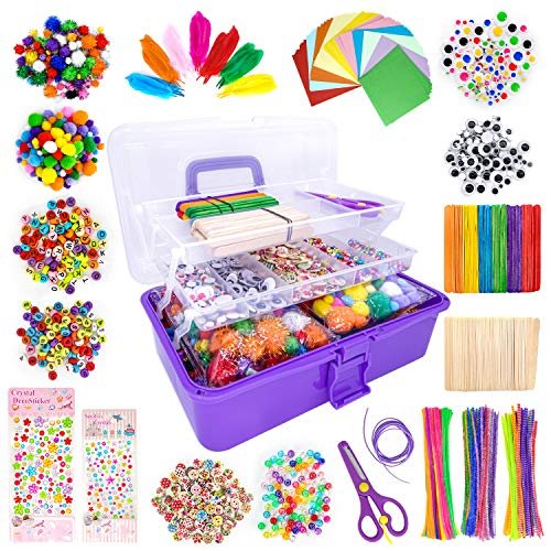 61kAl2LqxOL.jpg 1405 Pcs Art and Craft Supplies for Kids, Toddler DIY Craft Art Supply Set Included Pipe Cleaners, Pom Poms, Feather, Folding Storage Box - All in One for Craft DIY Art Supplies (Purple) - Image 1