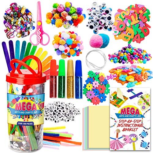 61njvWg14fL.jpg Dragon Too Mega Kids Crafts and Art Supplies Jar Kit - 1000+ Piece Set - Instructional Booklet Included - Glitter Glue, Construction Paper, Colored Popsicle Sticks, Googly Eyes, Pipe Cleaners - Image 1